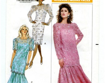 Vintage 80s Butterick 6697 UNCUT Sewing Pattern Women's Formal Lace Dropwaist Dress Bust 34 36 38 Sizes 12 14 16
