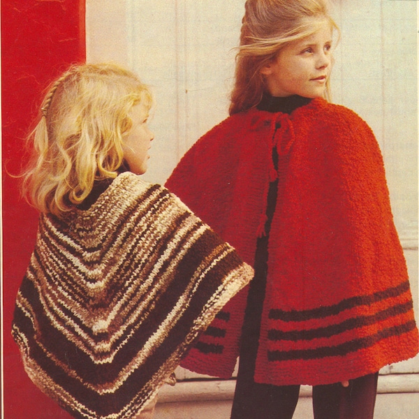 PDF Vintage 1975 Childs Cape and Poncho Jaeger Catkin Chunky 4531 Knitting Pattern Digital Download - Girls 3-5 years, 7-8 years Chest 24-26