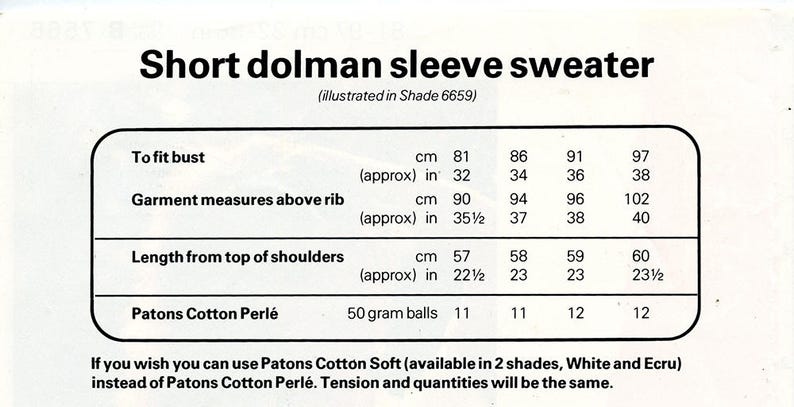 PDF Vintage Patons 7566 Knitting Pattern Women/'s Short Dolman Sleeve Summer Sweater Bust 32 34 36 38 Small Medium Digital Download