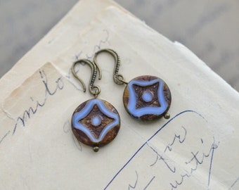 Blue Brown Antique Coin Earrings / Czech Glass Beads / Brass / Neo Vintage Jewelry