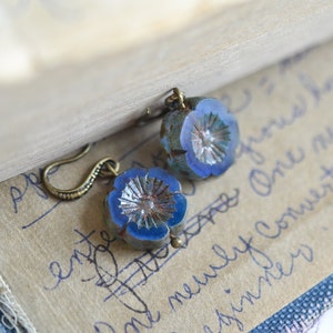 Antique Brass Jewelry Boho Blue Bronze Earrings Shimmery Dainty Blue Vintage Style Earrings Czech Glass Blue Bead Earrings