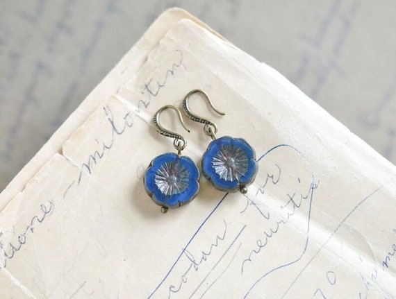 Antique Brass Jewelry Boho Blue Bronze Earrings Shimmery Dainty Blue Vintage Style Earrings Czech Glass Blue Bead Earrings