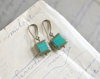 Turquoise Antique Earrings / Czech Glass Beads / Brass / Neo Vintage Jewelry