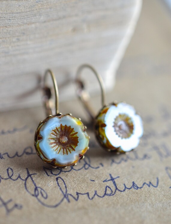 Antique Brass Jewelry Boho Blue Bronze Earrings Shimmery Dainty Blue Vintage Style Earrings Czech Glass Blue Bead Earrings