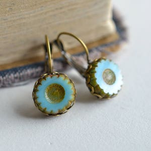 Aqua Blue Antique Earrings, Czech Glass Beads, Brass, Neo Vintage Jewelry