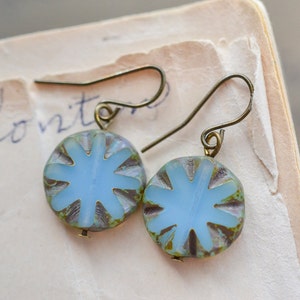 Aqua Blue Antique Earrings, Czech Glass Beads, Brass, Neo Vintage Jewelry