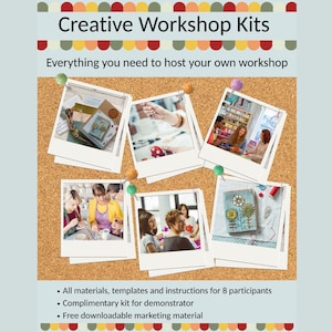 Op de afbeelding: Promotieafbeelding voor "Creative Workshop Kits" met een prikbord met foto's in polaroidstijl van mensen die knutselen. De tekst luidt "Alles wat je nodig hebt om je eigen workshop te organiseren". Extra tekst benadrukt materialen, sjablonen, instructies en marketingmateriaal.