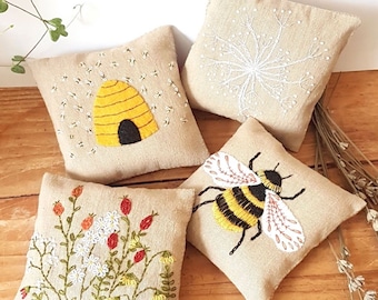 Linen Lavender Bags Embroidery Kit - Bees