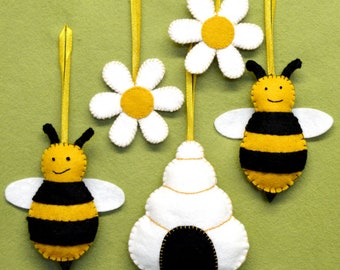 Felt Bees, hive & flowers Digital Pattern