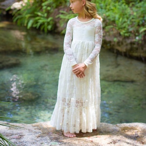 Flower Girl Dress-White Lace Long Sleeve Dress- Flower Girl Dresses- Ivory Girls Dress-Cream Dress- Rustic Wedding Dress