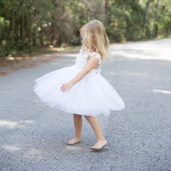 White Girls Dress, Tulle Dress,  Princess Girls Toddler Baby Dress, 1st Birthday Dress,  Flower Girl Dress, Tutu Dress, Holiday Dress