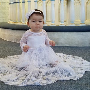 Baptism Dress-White Lace Long Sleeve Dress- Baby Flower Girl Dress- Dresses- Ivory Girls Dress-Cream- Rustic Wedding Dress-Christening Gown