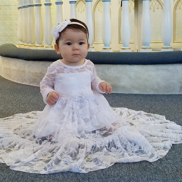 Robe de baptême-Robe à manches longues en dentelle blanche- Robe de fille de fleur de bébé- Robes- Ivoire Filles Robe-Crème- Robe de mariée rustique-Robe de baptême