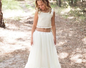 Flower Girl Dress-lvory boho dress- Two piece girls chiffon dress- Girls Gown- Lace Dress