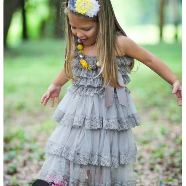 Gray Chiffon Girls Dress- Flower Girl Dresses- Cream dress- Lace dress- Rustic Girls Dress- Baby Lace Dress- Junior Bridesmaid