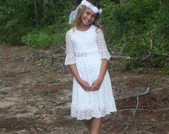 Flower Girl Dress-White Girls Dress- Baby Flower Girl Dress- Dresses-First Communion Dress- Rhinestone Sash included