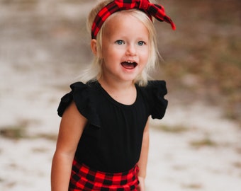 Red Black Plaid High Waisted Bummies-Baby Girl High Waisted Shorts- Bummies  Headwrap Set- Buffalo Plaid Bummies- Bloomers-Christmas Outfit