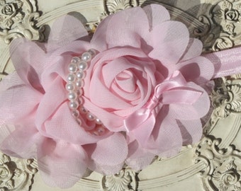 Pink headband for toddlers   baby headband, baby headband, flower girl headband, vintage lace headband, rosette headband, shabby