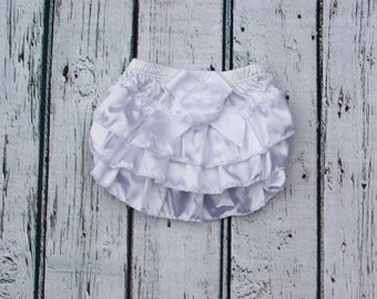 White Satin baby bloomers- diaper cover- Baby panties- Ruffled panties- Floral, Ivory, or Pink Bloomers- Baptism 1st Birthday- Holiday