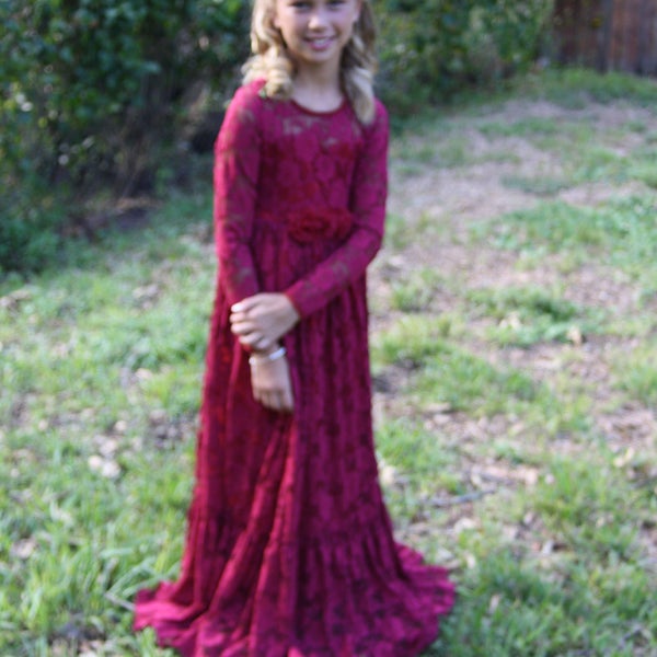 Flower Girl Dress-Burgundy Lace Long Sleeve Dress- Baby Flower Girl Dress- Dresses- Ivory Girls Dress-Cream Dress- Rustic Wedding Dress