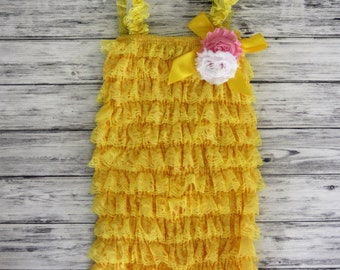 Yellow Petti Romper with Flower -Petti Romper - Lace Romper -Baby Romper -Romper - Ruffle Romper - Petti Lace Romper - Baby Outfit