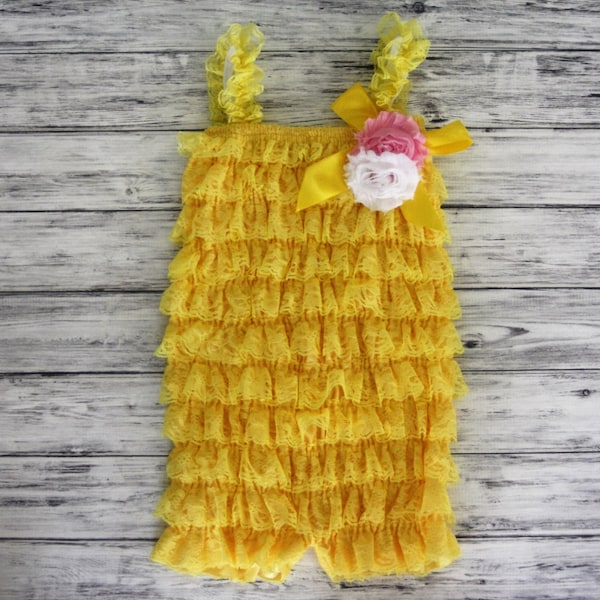 Yellow Petti Romper with Flower -Petti Romper - Lace Romper -Baby Romper -Romper - Ruffle Romper - Petti Lace Romper - Baby Outfit