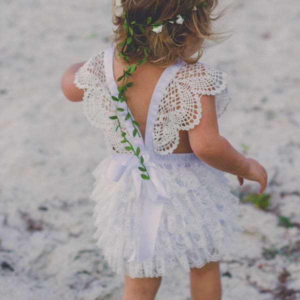White Satin and Lace Bubble Romper- Toddler Romper- Baptism outfit- Sun Suit- Girls Romper- Baby White Romper