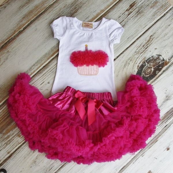 Baby Deluxe Ruffle Pink Skirt and Cupcake Shirt-Toddler Skirt-Lace Petti- 1st Birthday Outfit-Tutu skirt-Extra Fluffy Skirt- Toddler Outfit