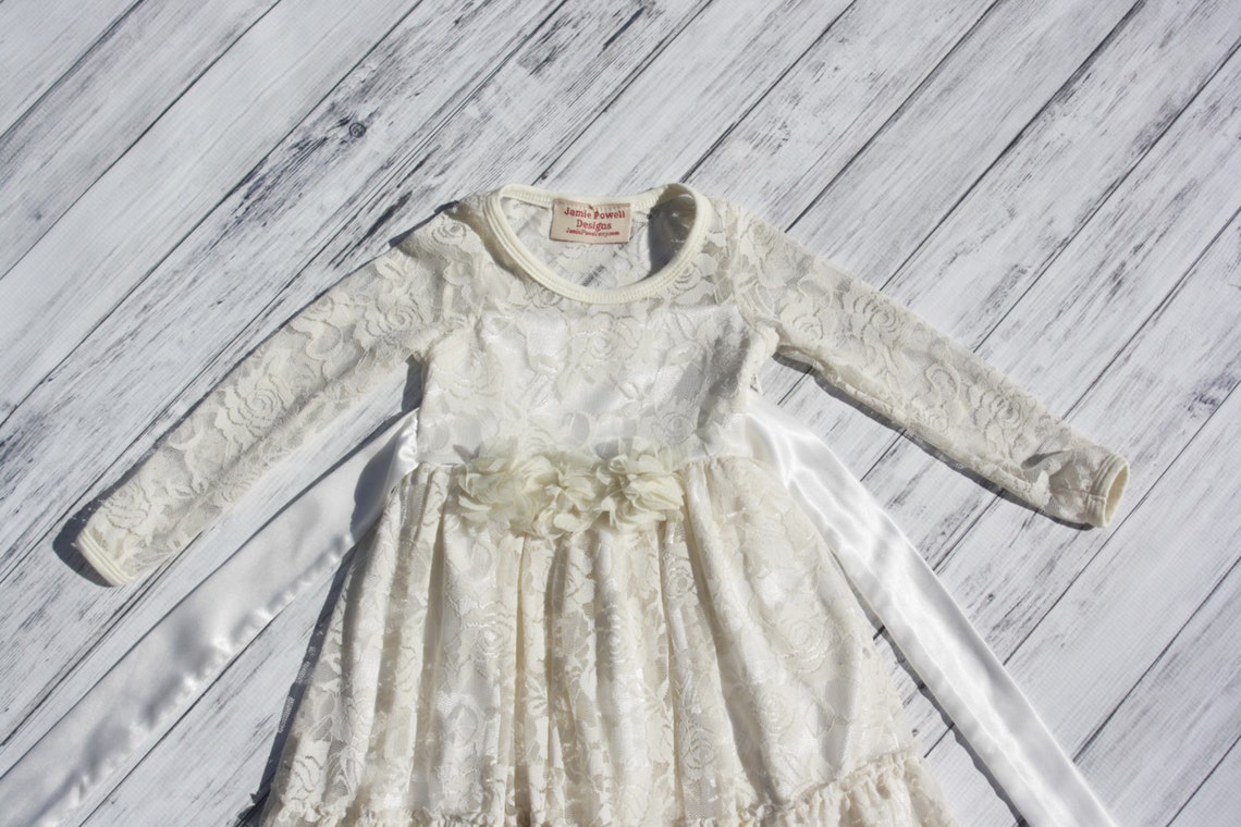 White lace baptism dress with Bow accent main image 1