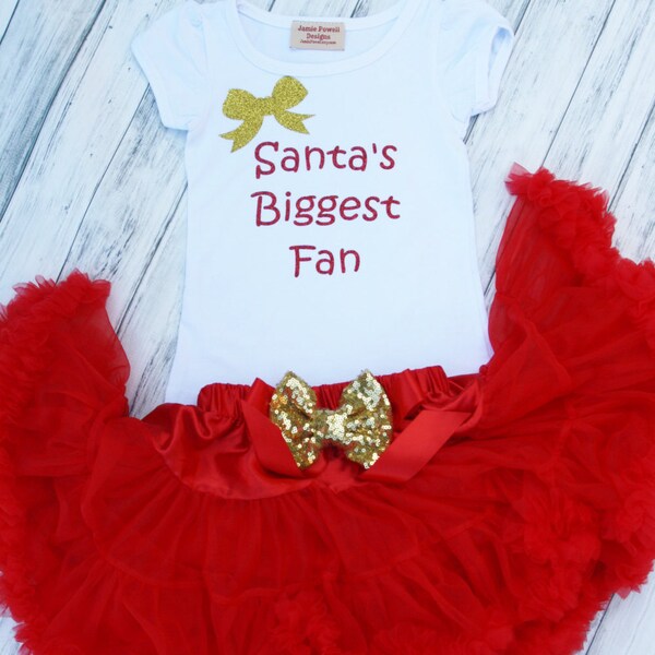 Girls Christmas Outfit, Red Skirt w/ Messy Sequins Gold Bow and Shirt Set-Santas Biggest Fan-Toddler Skirt-Lace Petti-Tutu skirt