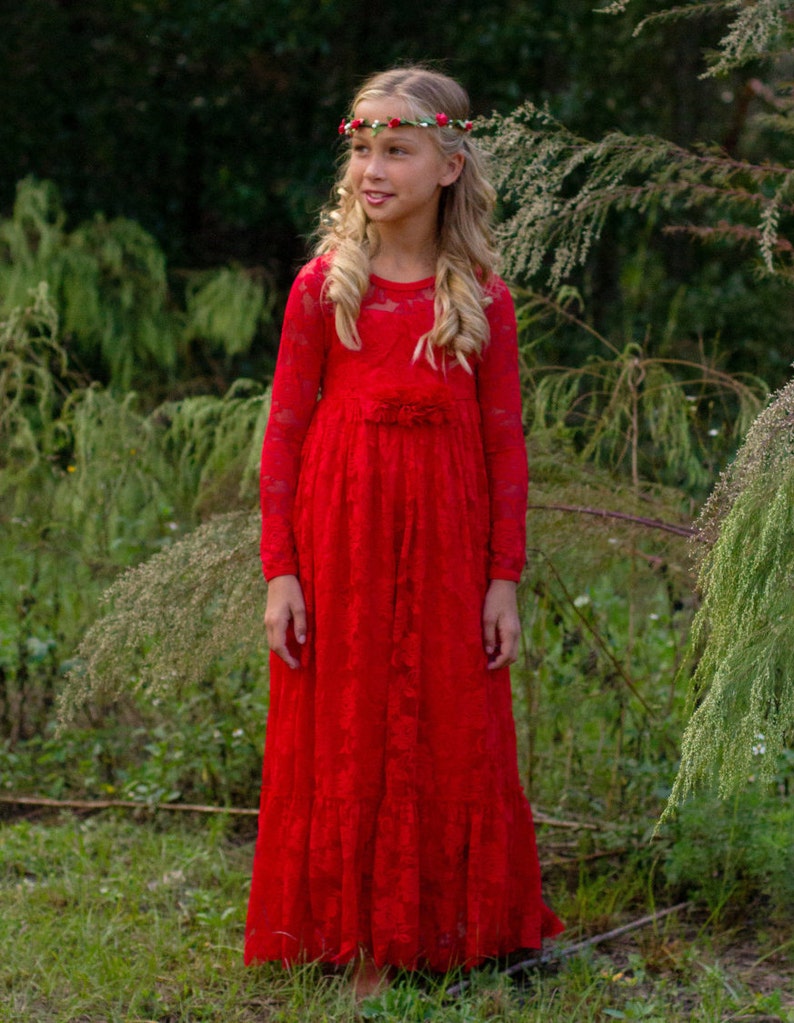 Flower Girl Dress-red Lace Long Sleeve Dress Flower Girl - Etsy