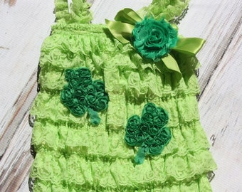 Green Petti Romper with Shamrocks - Lace Romper - Girls Romper -1st St Patrick's Day Outfit - Petti Lace Romper - Baby Outfit