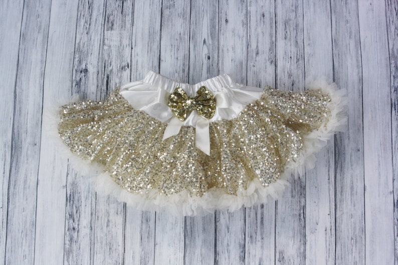 Gold Sequins Pettiskirt-Baby Skirt-Toddler Skirt-Girls Ivory Skirt-Lace Petti-1st Birthday Outfit-Tutu skirt-Extra Fluffy Skirt-Sequin Skirt image 1