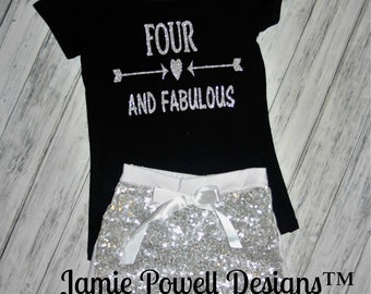 4th Birthday Outfit-Baby Girls Birthday Clothes-Cake Smashing Outfit- FOUR AND FABULOUS  Shirt /Sequin Shorts- Glitter Birthday Shirt- Five