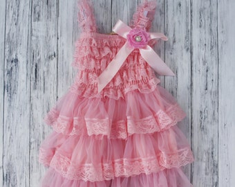 Flower Girl Dress- Vintage Chic Flower Girl Dress- Flower Girl Dresses- Pink Girls Dress- Chiffon Dress- Rustic Wedding Dress