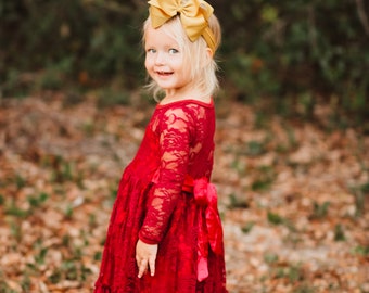 Flower Girl Dress-Burgundy Lace Long Sleeve Dress- Baby Flower Girl Dress- Dresses- Ivory Girls Dress-Cream Dress- Rustic Wedding Dress