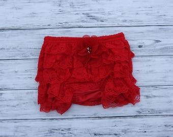 Red Lace Bloomers with Chiffon Flower-petti bloomers lace- toddler diaper covers-Ivory Lace Bloomers -Lace diaper cover-newborn diaper cover