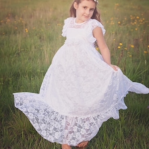 Flower Girl Dress-White or Ivory Lace Short Sleeve Dress-Baby Flower Girl Dress- Dresses-Ivory Girls Dress-Cream Dress- Rustic Wedding Dress