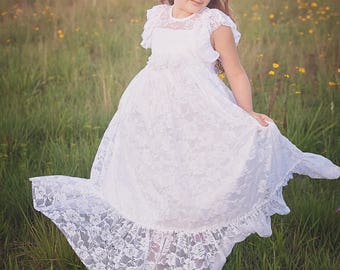Flower Girl Dress-White or Ivory Lace Short Sleeve Dress-Baby Flower Girl Dress- Dresses-Ivory Girls Dress-Cream Dress- Rustic Wedding Dress