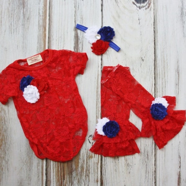 Red Baby lace Bodysuit, Headband and Legging set- 1st 4th of July Outfit lace baby Shirt-Lace tshirt-Tutu top- lace baby shirt-Baby Clothes