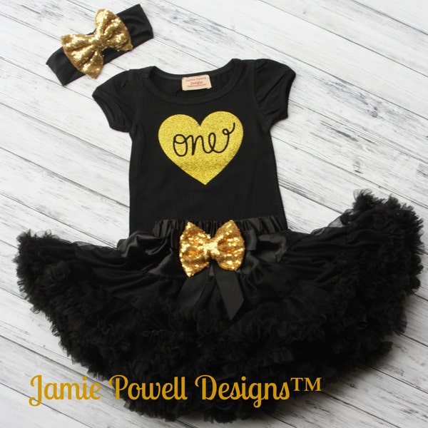 Girls 1st Birthday Outfit Black Skirt w/ Messy Sequins Gold Bow and Shirt Set-One, Two etc-Toddler Skirt-Petti-Tutu skirt-Fluffy Skirt