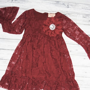 Burgundy Long sleeve Flower Girl Dresses- Christmas Dress- Maroon Lace dress- Rustic Girls Dress- Baby Lace Dress- Junior Bridesmaid