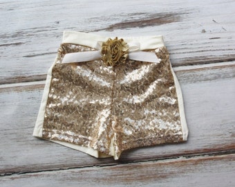 Gold Sequin Shorts with Gold Flower- Birthday Outfit- Girls Gold Sequin Shorts- Toddler Shorts- Sequin shorts- Girls shorts- Birthday Girl