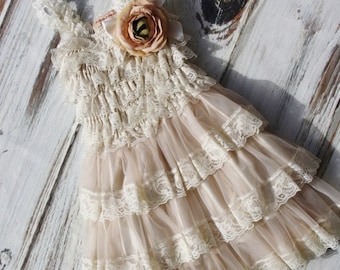 Rustic Flower Girl Dress- Flower Girl Dresses- Dress includes shades of Beige Flowers- Rustic Girls Dress- Baby Lace Dress-Junior Bridesmaid