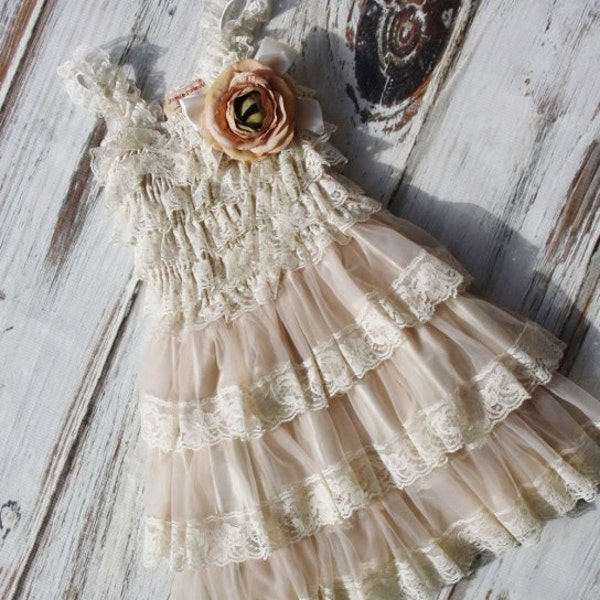 Rustic Flower Girl Dress- Flower Girl Dresses- Dress includes shades of Beige Flowers- Rustic Girls Dress- Baby Lace Dress-Junior Bridesmaid