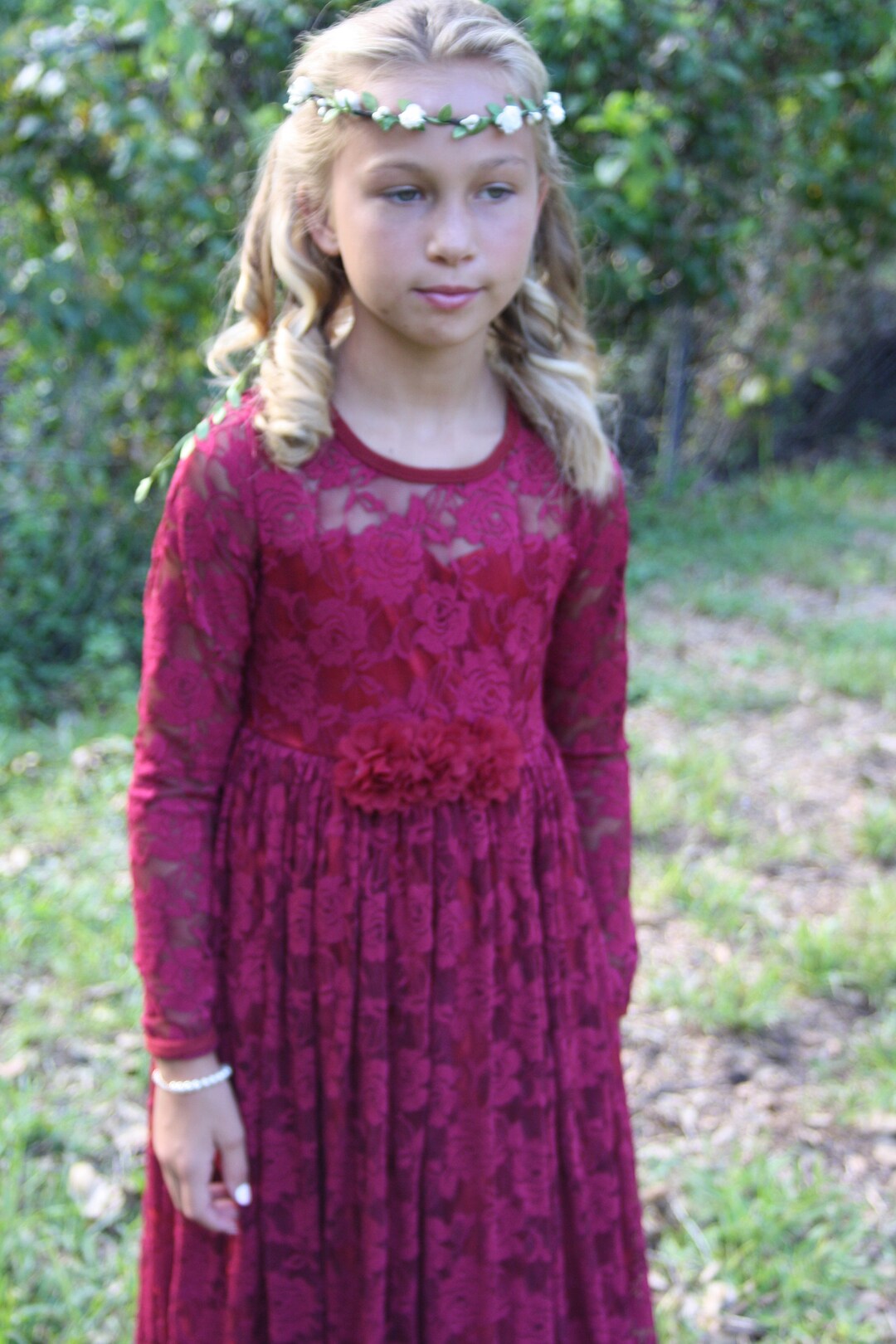 Flower Girl Dressburgundy Lace Long Sleeve Dress Baby Flower Etsy