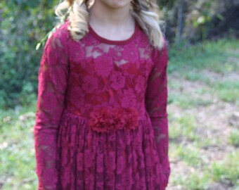 Flower Girl Dress-Burgundy Lace Long Sleeve Dress- Baby Flower Girl Dress- Dresses- Ivory Girls Dress-Cream Dress- Rustic Wedding Dress