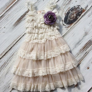 Lace Flower Girl Dress with Purple Flower Flower Girl Dresses-Ivory flower girl dress-Lace dress-Rustic Girls Dress Baby Dress Bridesmaid image 2