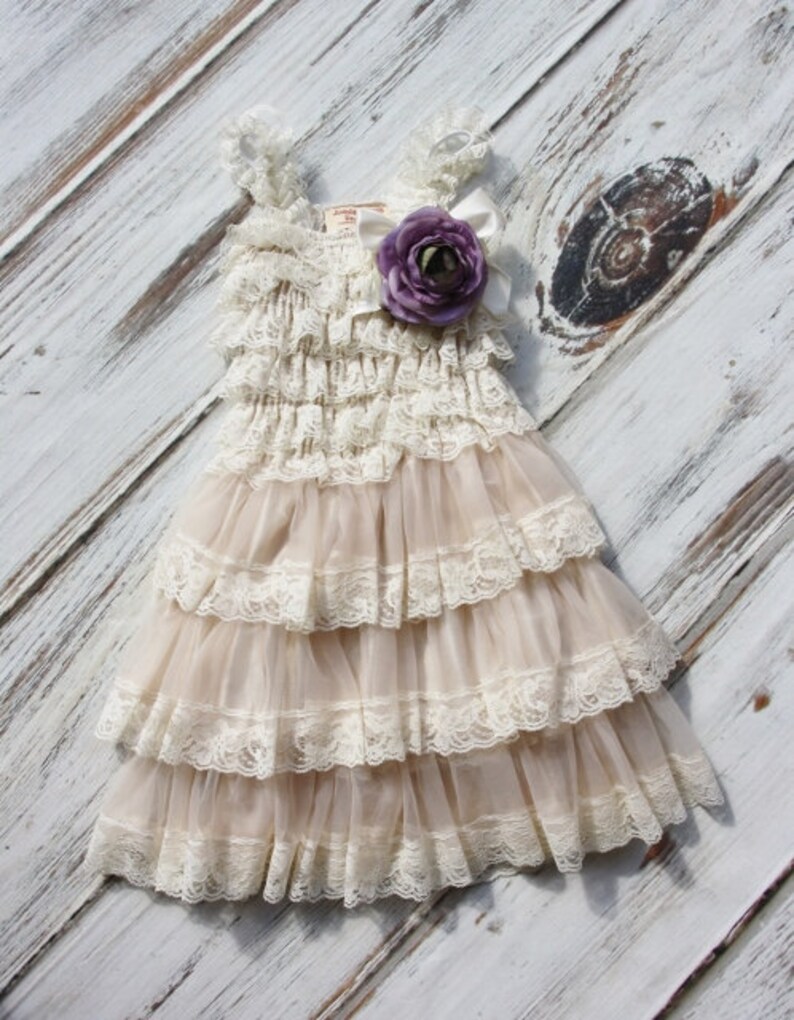 Lace Flower Girl Dress with Purple Flower Flower Girl Dresses-Ivory flower girl dress-Lace dress-Rustic Girls Dress Baby Dress Bridesmaid image 2