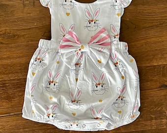 Baby Romper - Easter Romper - Baby Easter outfit -bunny Bubble Romper -Ruffle Bottom -Girls Outfit- Girls White Outfit